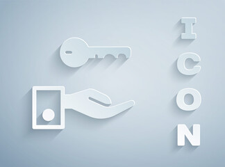Paper cut Hotel door lock key icon isolated on grey background. Paper art style. Vector.