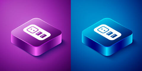 Isometric Electrical outlet icon isolated on blue and purple background. Power socket. Rosette symbol. Square button. Vector.