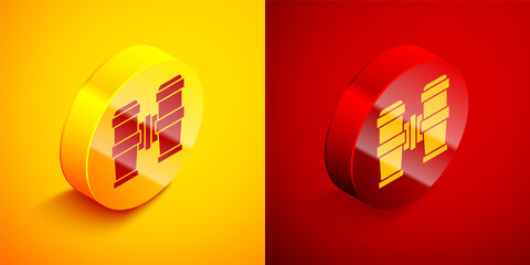 Isometric Binoculars icon isolated on orange and red background. Find software sign. Spy equipment symbol. Circle button. Vector.