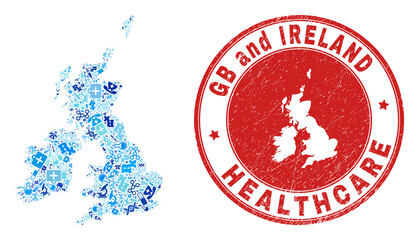 Vector mosaic Great Britain and Ireland map with medical icons, analysis symbols, and grunge doctor rubber imitation.