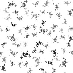 Black Drone flying icon isolated seamless pattern on white background. Quadrocopter with video and photo camera symbol. Vector.