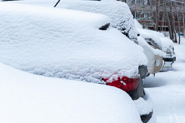 Cars covered with a thick layer of snow