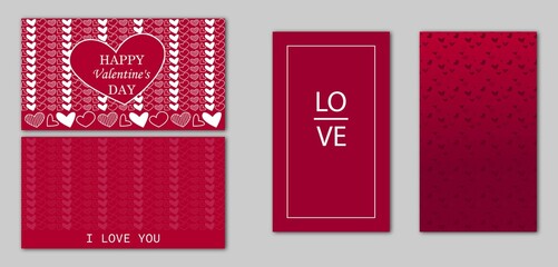 Valentine's day cards in red and white colors/ Poster or banner with sweet hearts and on red background