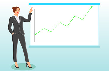 Business Woman pointing at presentation screen board. Business seminar, review of financial, marketing data, charts, professional training, sales and e-commerce. Full length female business character.