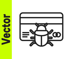 Black line System bug in credit card icon isolated on white background. Code bug concept. Bug in the system. Bug searching. Vector.