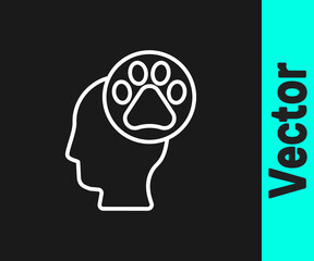 White line Human head with animals footprint icon isolated on black background. Pet paw in heart. Love to the animals. Vector.