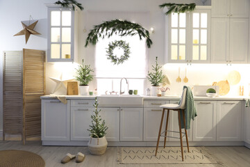 Small Christmas trees and festive decor in kitchen
