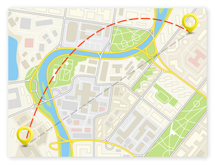 City map navigation delivery route, color check point markers design background, drawing schema, city plan GPS navigation itinerary destination arrow paper city map. Route delivery check point graphic