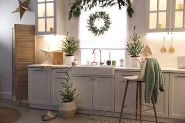 Small Christmas trees and festive decor in kitchen