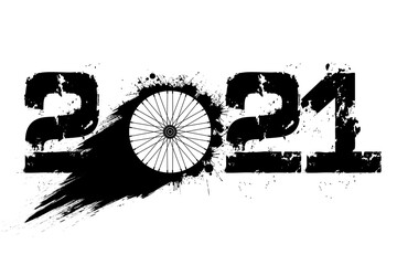 Abstract numbers 2021 and bicycle wheel made of blots in grunge style. 2021 New Year on an isolated background. Design pattern. Vector illustration