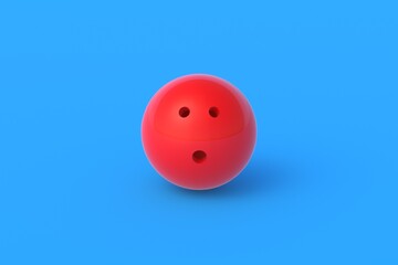 Red bowling ball on blue background. Active sport. Hobby and leisure. Competition and championship. 3d rendering
