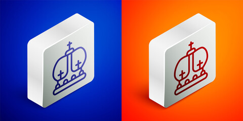 Isometric line British crown icon isolated on blue and orange background. Silver square button. Vector.