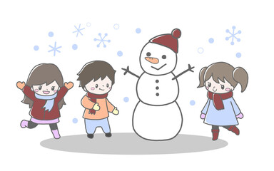 雪遊びする子ども達と雪だるまの冬の手描き風イラストセット