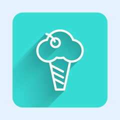 White line Ice cream in waffle cone icon isolated with long shadow. Sweet symbol. Green square button. Vector.