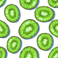 Fototapeta premium Kiwi fruit seamless pattern. Vector illustration for designing posters, wallpaper, background, fabric, textile, cafe, restaurant, resort, exotic, packaging.