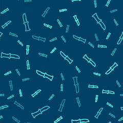 Green line Military knife icon isolated seamless pattern on blue background. Vector.