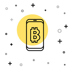 Black line Mining bitcoin from mobile icon isolated on white background. Cryptocurrency mining, blockchain technology service. Random dynamic shapes. Vector.