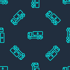 Green line Tanker truck icon isolated seamless pattern on blue background. Petroleum tanker, petrol truck, cistern, oil trailer. Vector.