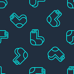 Green line Valenki icon isolated seamless pattern on blue background. National Russian winter footwear. Traditional warm boots in Russia. Vector.