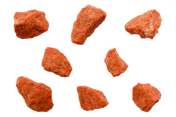 Set of potassium chloride granules isolated on white background, macro, top view. Fertilizer potassium chloride. Potassium chloride macro of red mineral fertilizer. Potassium chloride granules set.