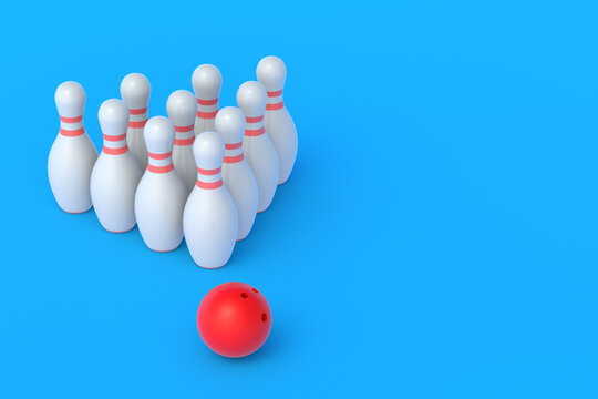 Red bowling ball and white pins in form of triangle on blue background. Active sport. Hobby and leisure. Competition and championship. Copy space. 3d rendering