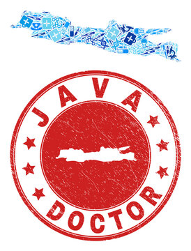 Vector collage Java Island map of treatment icons, chemical symbols, and grunge health care seal stamp. Red round seal with scratched rubber texture and Java Island map word and map.