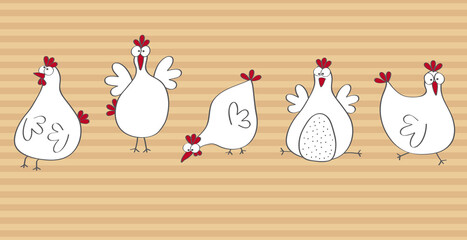 Funny cartoon chickens, vector, illustration, hand drawing