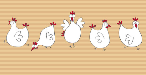 cartoon hens, vector, illustration, hand drawing, on a stripped nature brown background