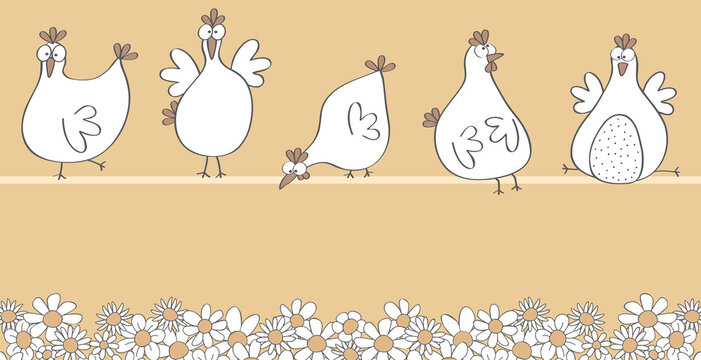 funny chickens on the chicken perch above a wildflower meadow, cartoon, illustration, vector
