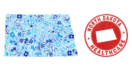 Vector mosaic North Dakota State map with healthcare icons, test symbols, and grunge healthcare stamp. Red round watermark with grunge rubber texture and North Dakota State map tag and map.
