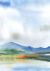 Naklejka premium Abstract watercolor autumn landscape on textured paper. Blurry calm lake, vague silhouettes of thick woods and high mountains. Pure water surface reflects blue sky with fluffy white and gray clouds