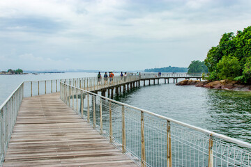 Naklejka premium the boardwalk, rock beach and red mangrove in Chek Jawa wetland. It is a cape and the name of its 100-hectare wetlands located on the south-eastern tip of Pulau Ubin island Singapore. 