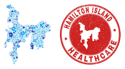 Vector mosaic Hamilton Island map with dose icons, medicine symbols, and grunge health care seal stamp. Red round stamp with grunge rubber texture and Hamilton Island map caption and map.
