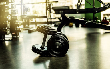 Two heavy dumbbells close-up in the gym