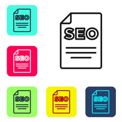 Black line SEO optimization icon isolated on white background. Set icons in color square buttons. Vector.