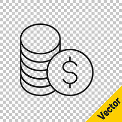 Black line Coin money with dollar symbol icon isolated on transparent background. Banking currency sign. Cash symbol. Vector.