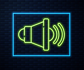 Glowing neon line Speaker volume, audio voice sound symbol, media music icon isolated on brick wall background. Vector.