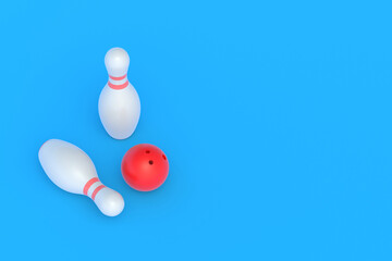 Red bowling ball and white pins on blue background. Active sport. Hobby and leisure. Competition and championship. Copy space. 3d rendering