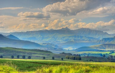 DRAKENSBERG MOUNTAINS, view over farmlands in the foothills and valleys