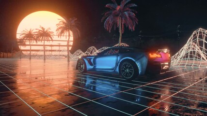 80s retro background 3d animation. Futuristic car drive through neon abstract space. Retrowave seamles loop 3d render.