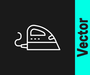 White line Electric iron icon isolated on black background. Steam iron. Vector.