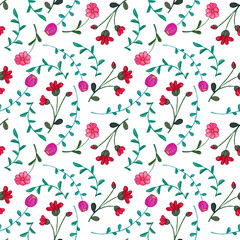 Seamless pattern with cute watercolor flowers in cartoon style. A cute, simple color print perfect for valentine's day, mother's day, bachelorette and birthday cards, fabrics and scrapbooking.
