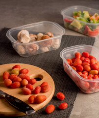 Frozen vegetables. Mushrooms, peppers, tomatoes. Cooking process.