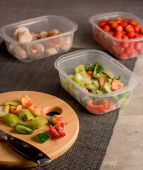 Frozen vegetables. Mushrooms, peppers, tomatoes. Cooking process.