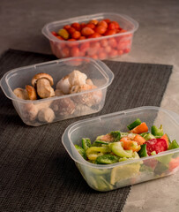 Frozen vegetables. Mushrooms, peppers, tomatoes. 
