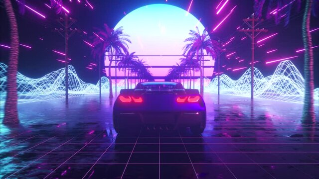 80s retro background 3d animation. Futuristic car drive through neon abstract space. Retrowave seamles loop 3d render.