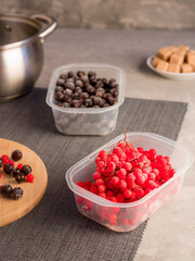 Frozen berries. Red berries. Kalina. Black currant. Cooking process. Home preparations for the winter.