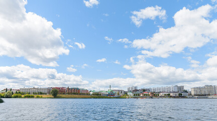 KAZAN, RUSSIA - June, 2020. Lake Nizhny (Lower) Kaban embankment, street views Shigabetdin Marjani, Vakhitovsky district of Kazan. Old Tatar settlement