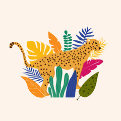 Leopard and tropical leaves poster background vector illustration. Trendy wildlife pattern © blossomstar