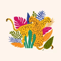 Foto op Plexiglas Leopards and tropical leaves poster background vector illustration. Trendy wildlife pattern © blossomstar